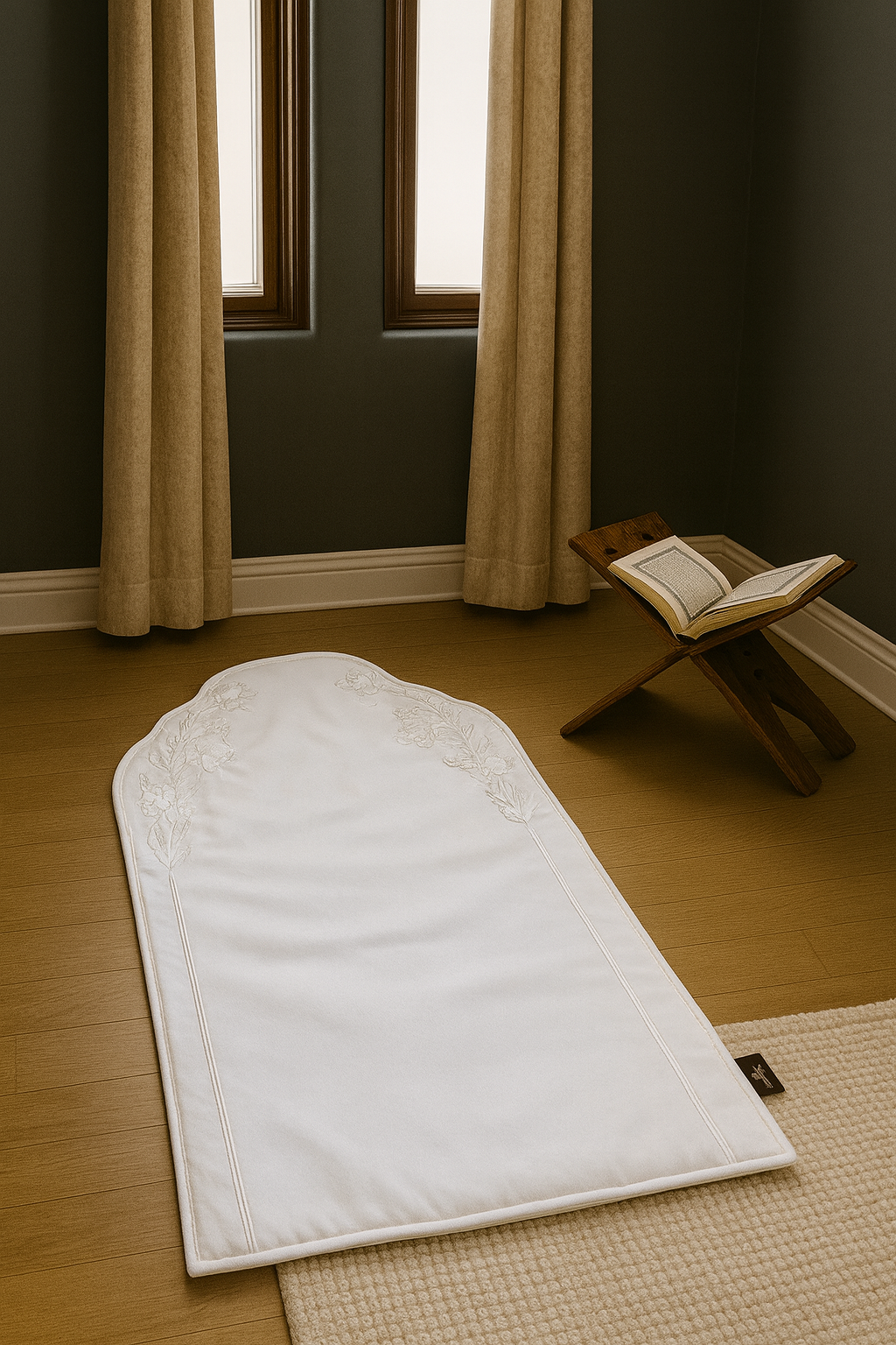 Linen Prayer Mat with Floral Embroidery and Beads – Islamic Prayer Rug