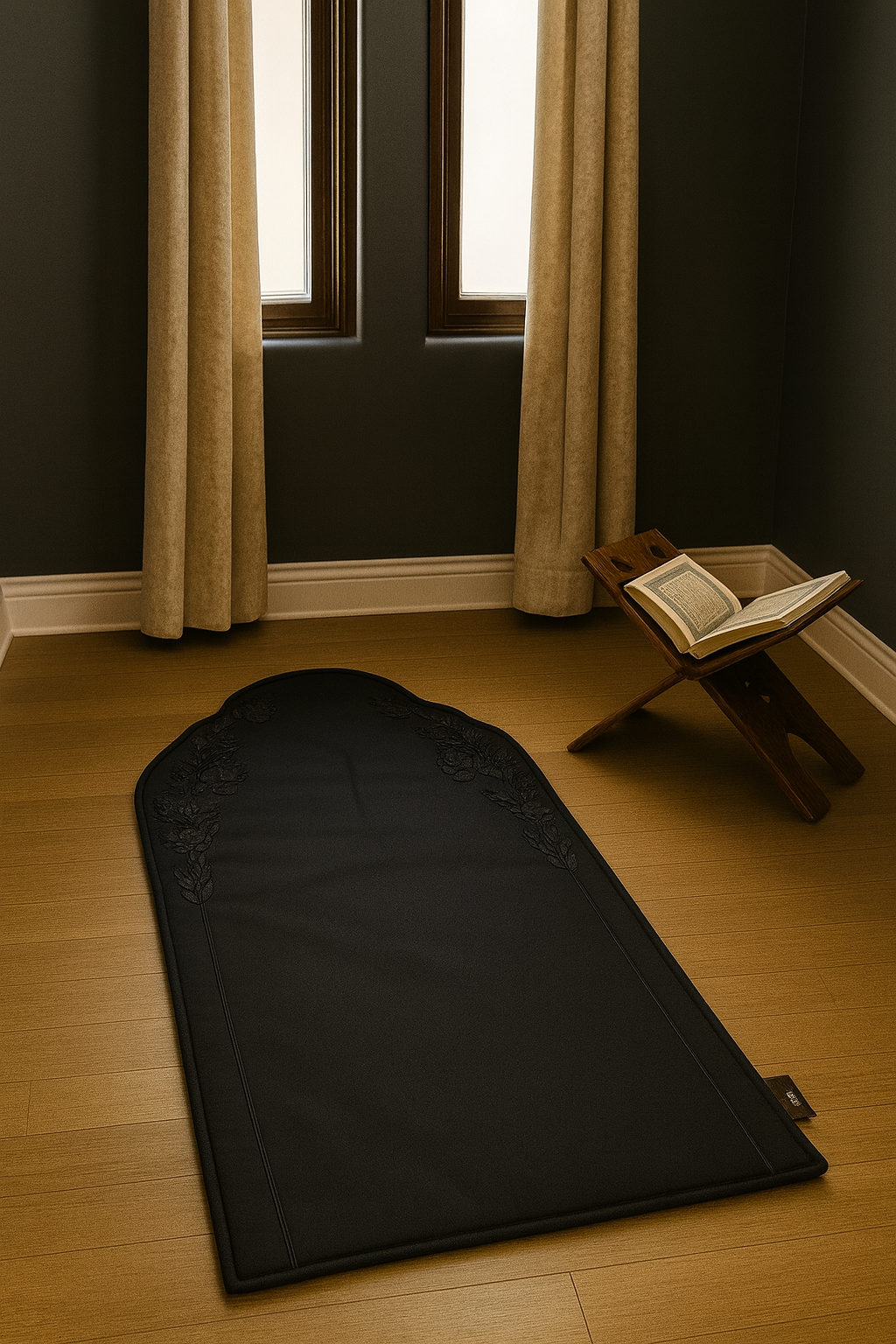 Linen Prayer Mat with Floral Embroidery and Beads – Islamic Prayer Rug