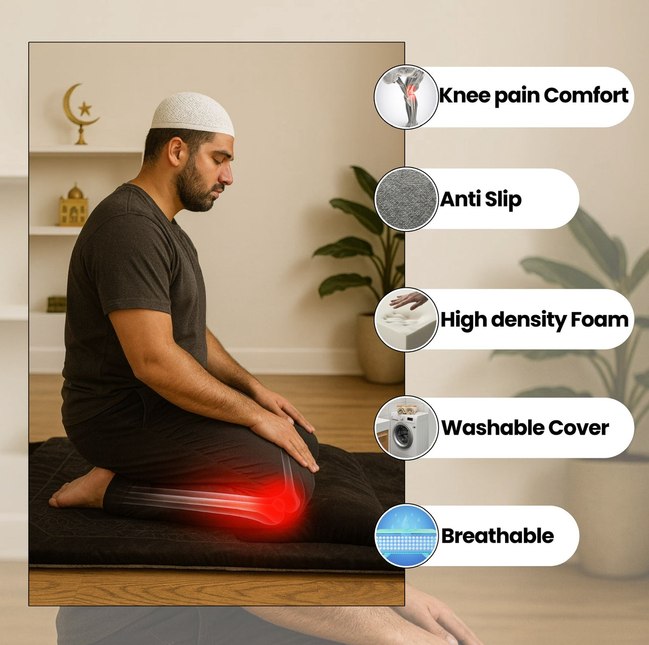 Rukuh Relief Memory Foam Prayer Mat – Extra Large Islamic Rug for Knee & Joint Support