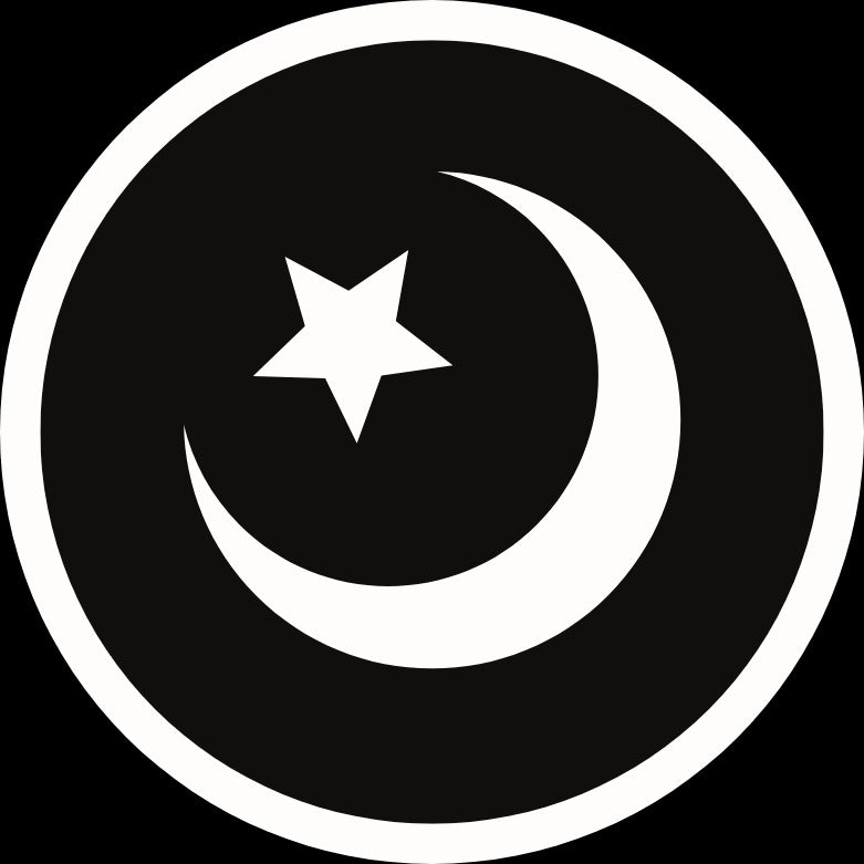 Black circular logo featuring a crescent moon and star, with "MUSLIM MADE" text below.