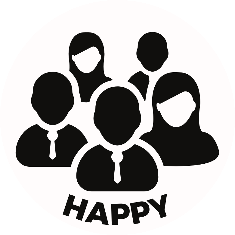 Five stylized silhouettes of people with the word "HAPPY" in bold underneath them.