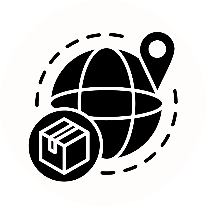Globe with a location pin and a package icon, representing global shipping and delivery.