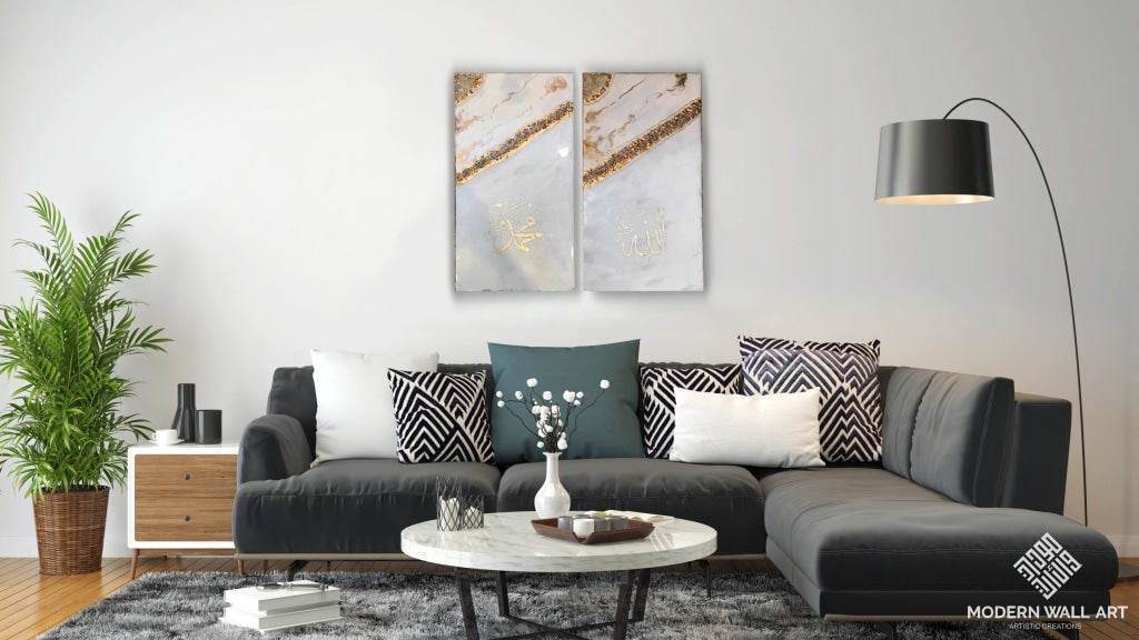 Allah And Mohammed Marble Resin Art Set On Wood 36 Inch Metal