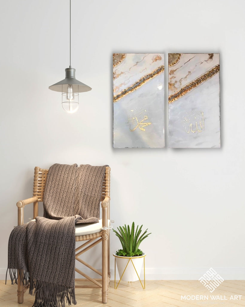 Allah And Mohammed Marble Resin Art Set On Wood 36 Inch Metal