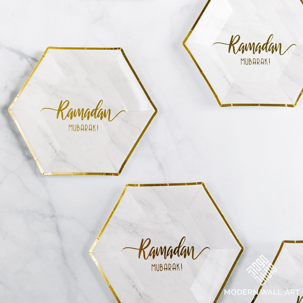 Hexagon Marble Ramadan Mubarak Dessert Plates (Set Of 12) Decor