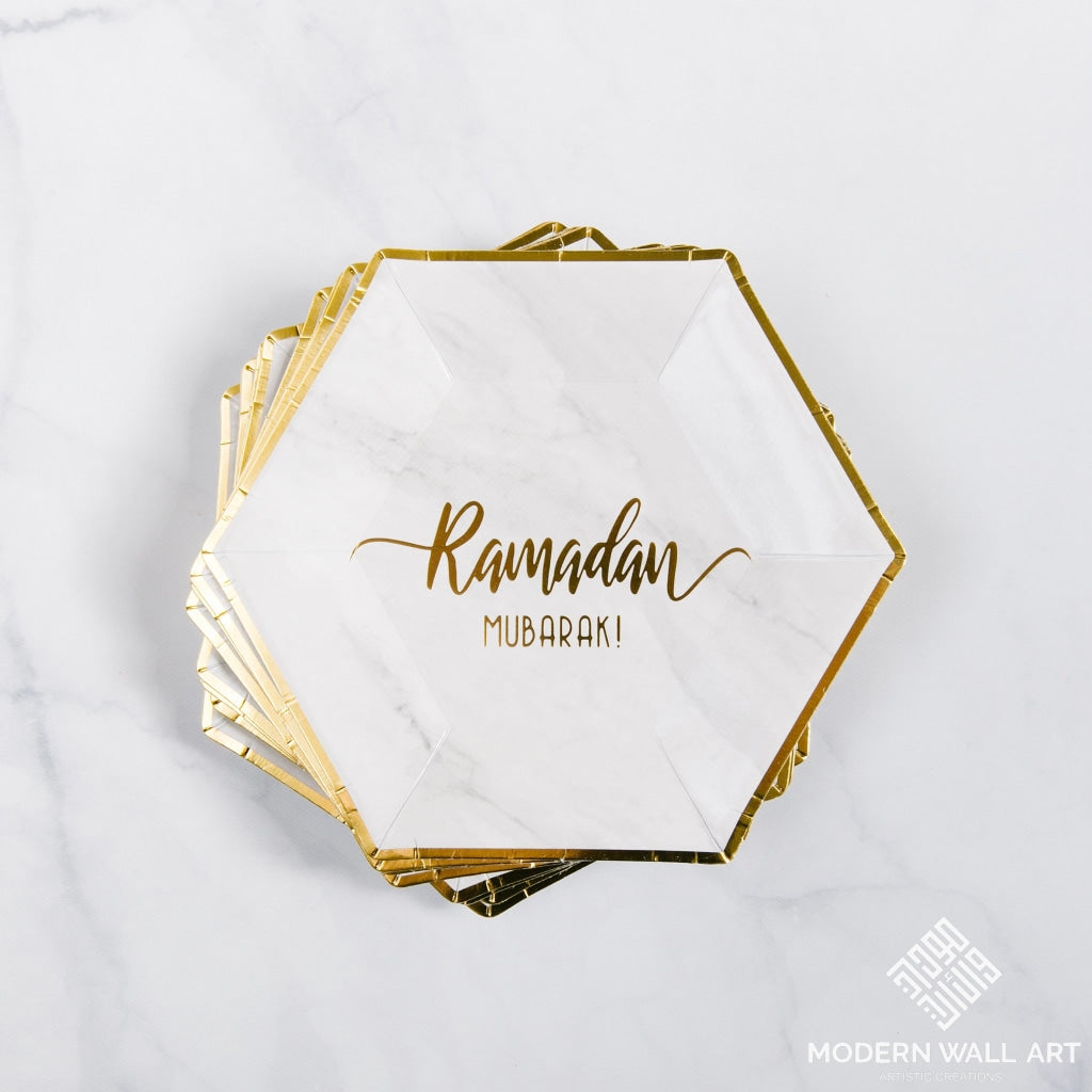 Hexagon Marble Ramadan Mubarak Dessert Plates (Set Of 12) Decor