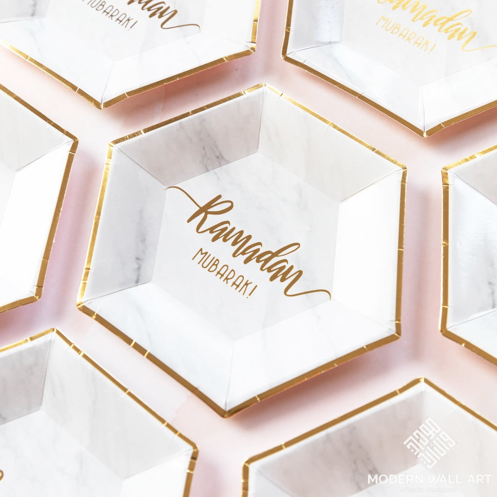 Hexagon Marble Ramadan Mubarak Dessert Plates (Set Of 12) Decor