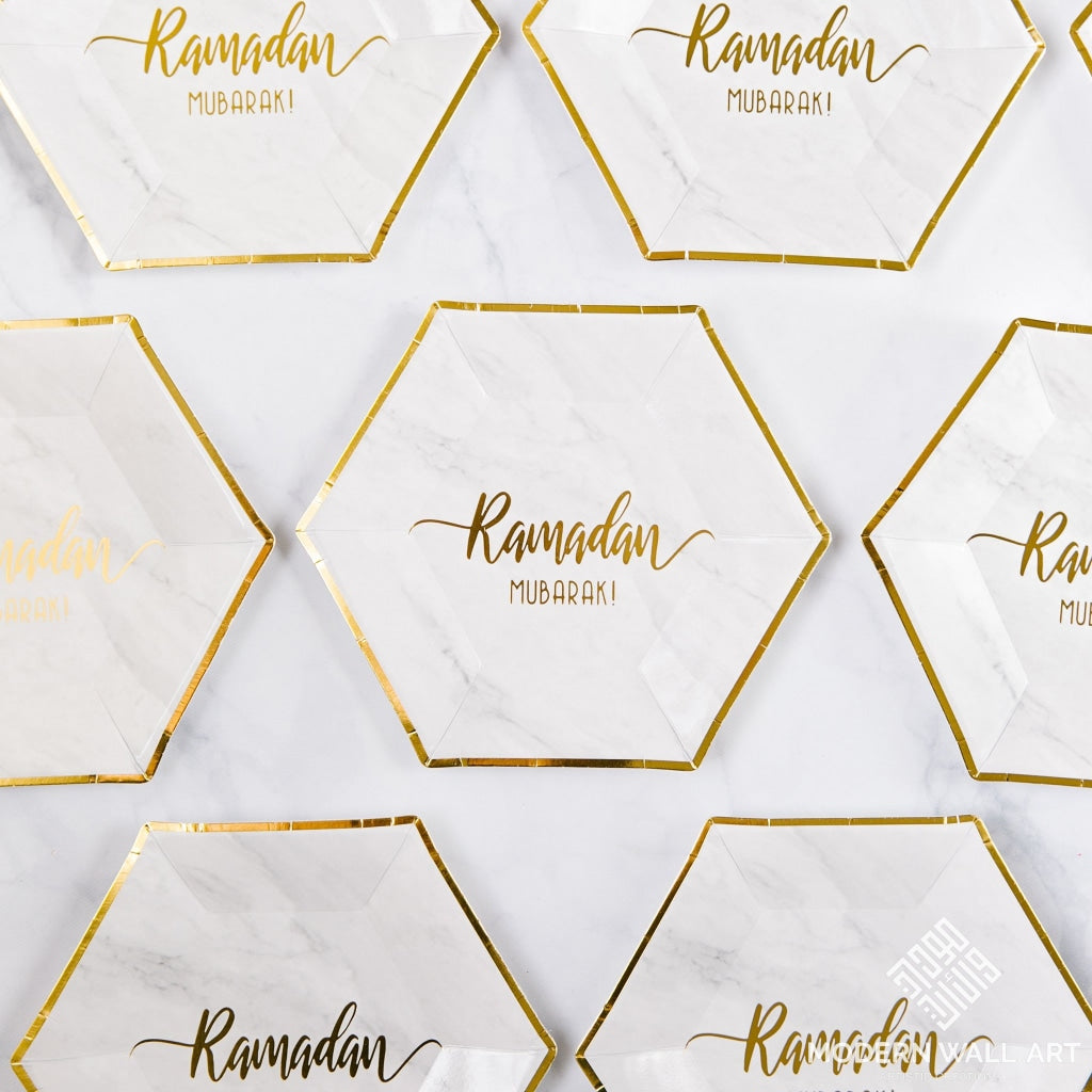 Hexagon Marble Ramadan Mubarak Dessert Plates (Set Of 12) Decor