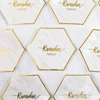 Hexagon Marble Ramadan Mubarak Dessert Plates (Set Of 12) Decor