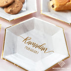 Hexagon Marble Ramadan Mubarak Dessert Plates (Set Of 12) Decor